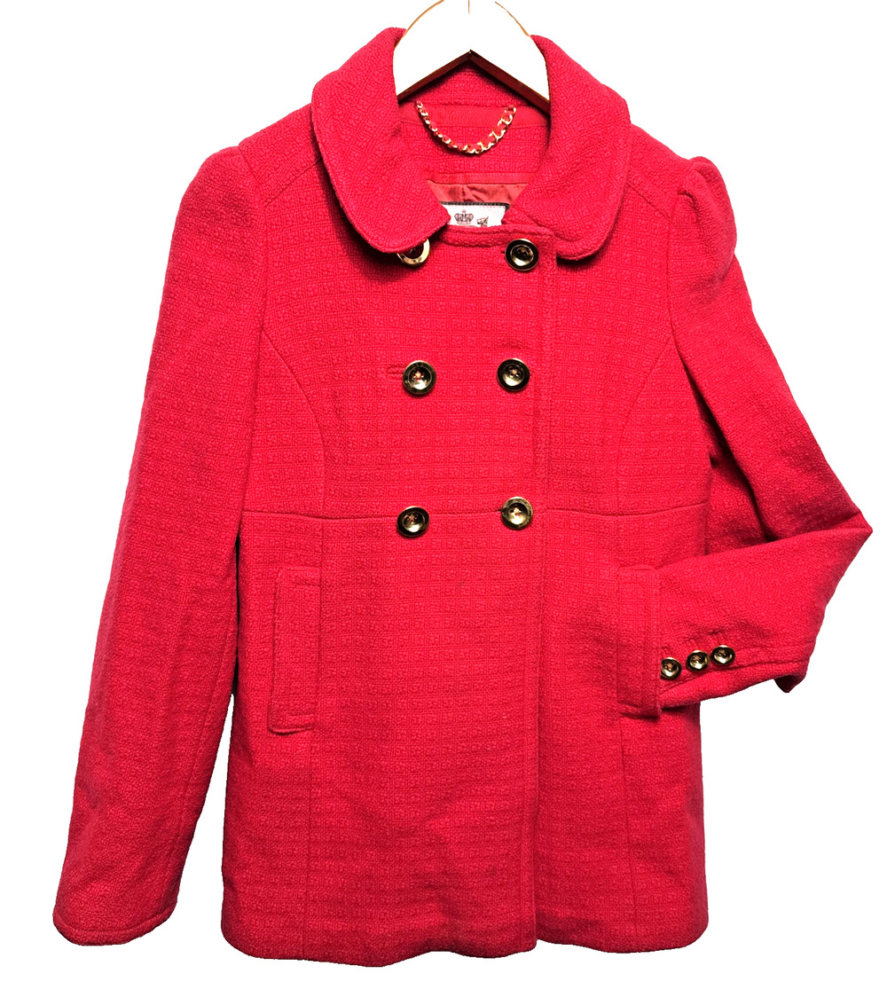 Juicy Couture Red Pea Coat Size M Wool Gold Buttons Baby Doll Y2K Girly Girlcore